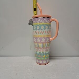 Peach Pastel Patterned Insulated Travel Mug with Handle and Straw